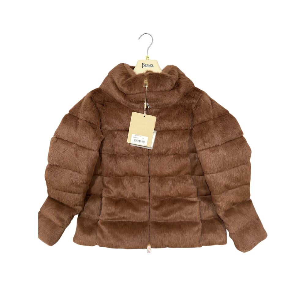 Herno Faux Fur Padded Short Jacket Brown Size 44 NWT
